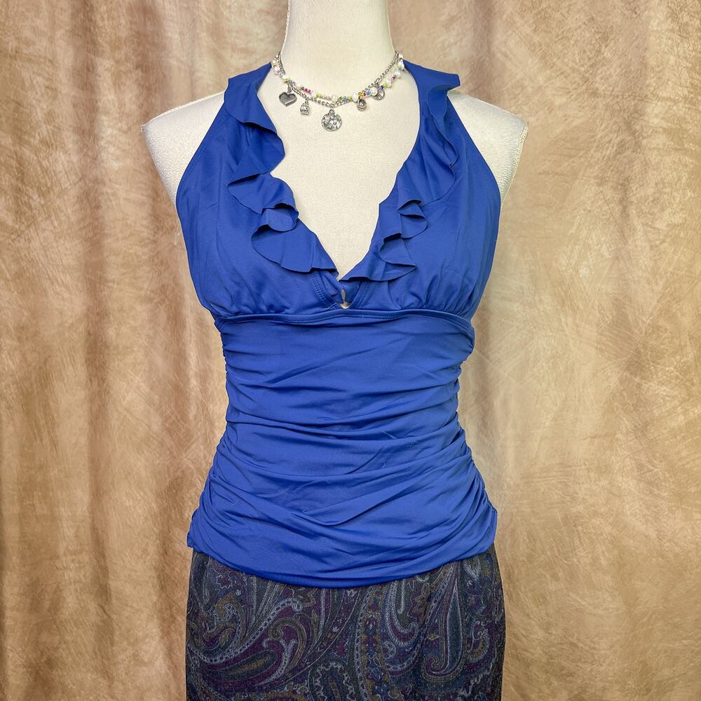 Lauren Ralph Lauren Ruffle Halter Tankini Swim Top Blue Ruched Fitted Beach Y2K